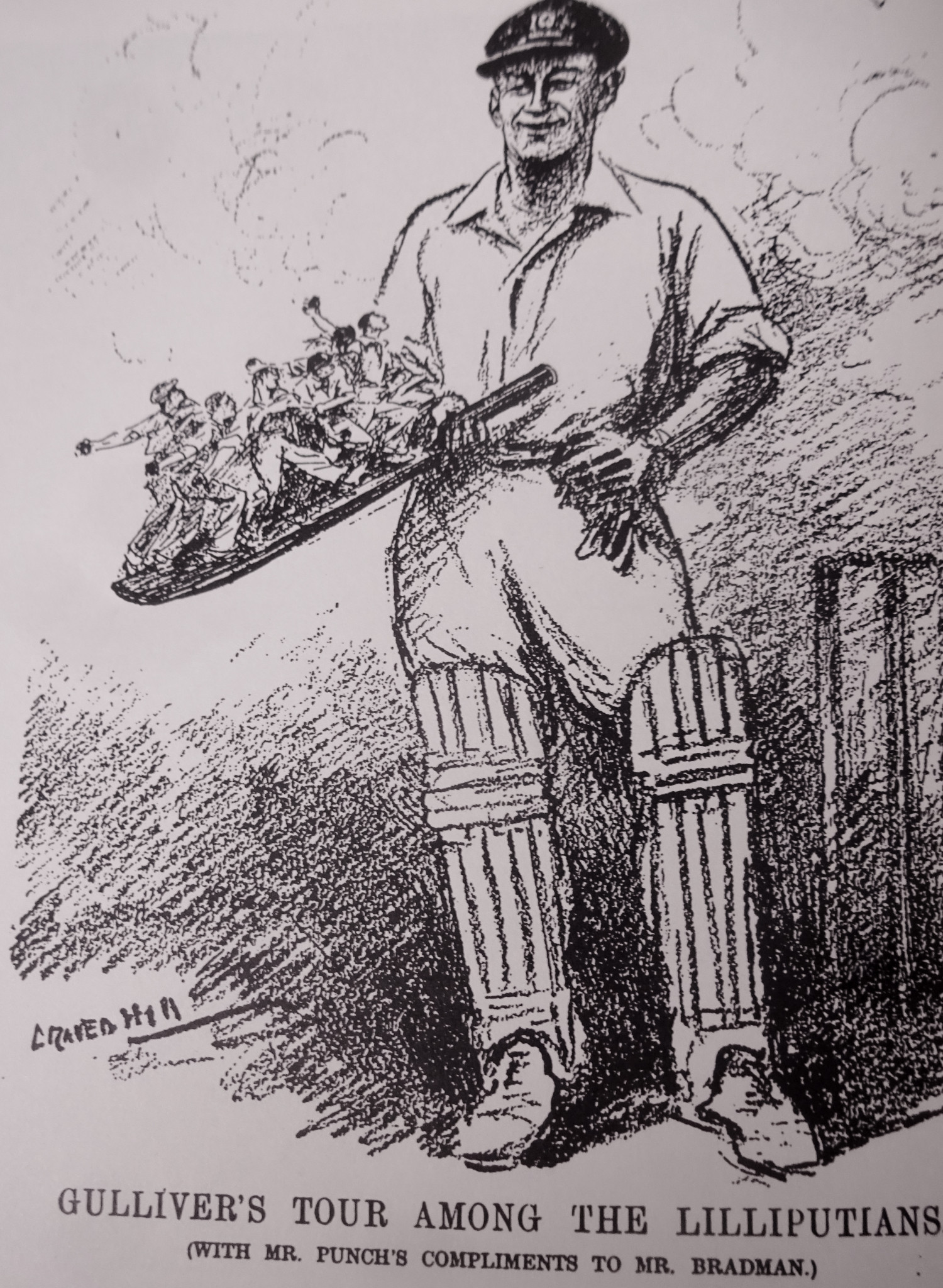 At the end of Australia's remarkable tour to England in 1930, Punch magazine published a cartoon which portrayed Donald Bradman as Gulliver in Lilliput, perfectly summing up how he dominated his opponents ©ITG