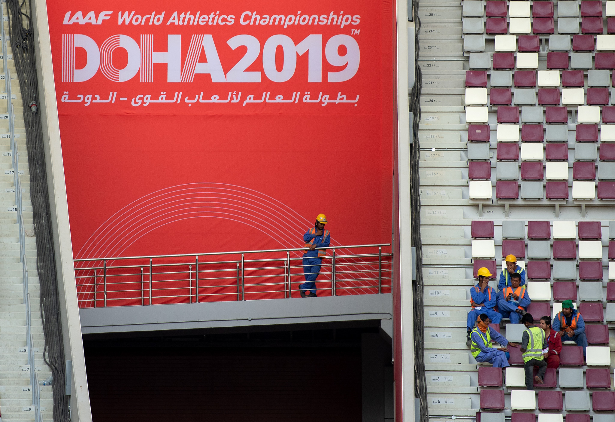 Migrant construction workers have been employed in helping get the Khalfia International Stadium ready for the IAAF World Championships which open in Doha today ©Getty Images