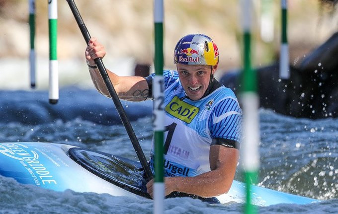 Olympic champion Joe Clarke of Britain was the second fastest qualifier in the men's K1 heats at the Canoe Slalom World Championships behind the impressive Jakub Grigar of Slovakia ©ICF