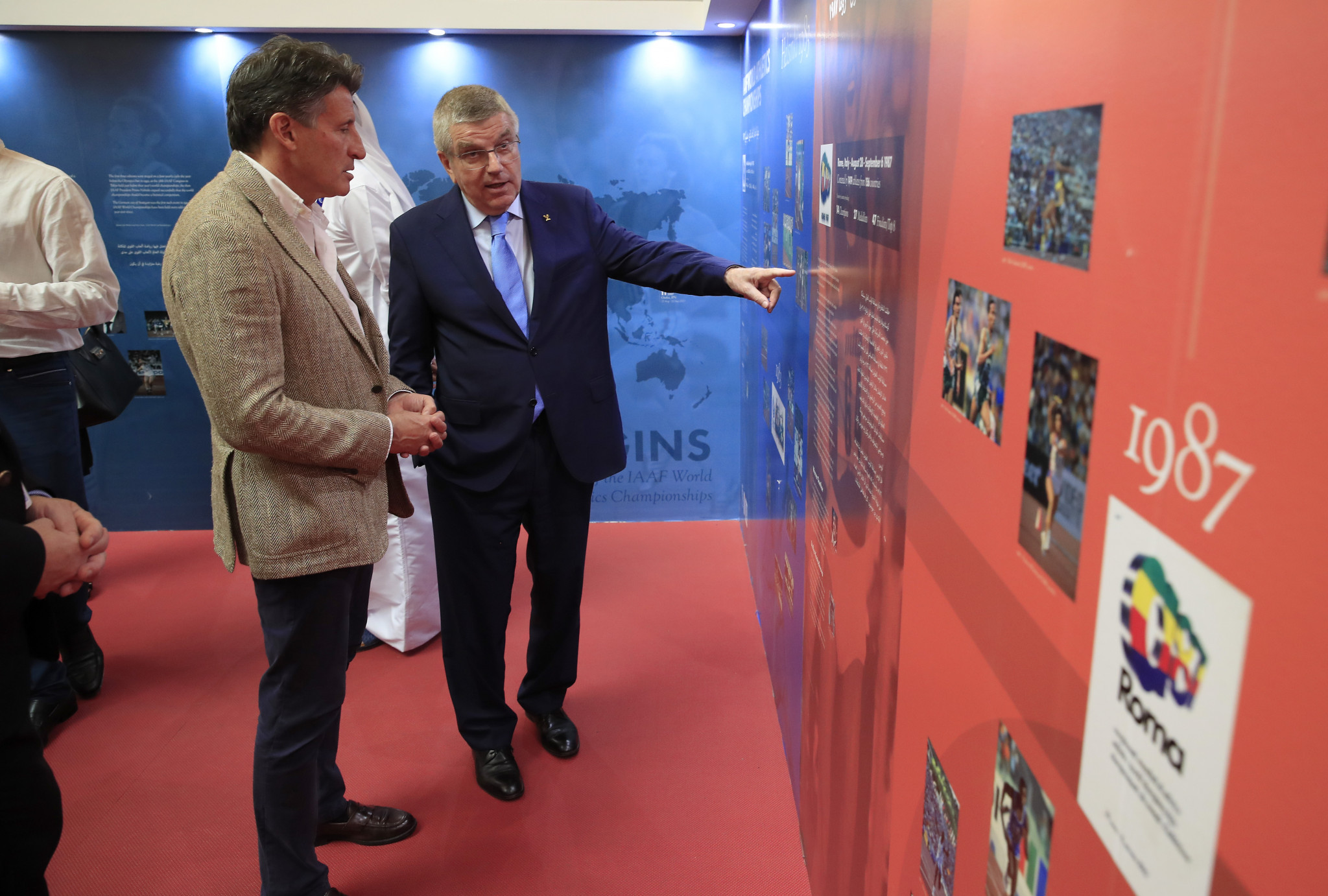 IOC President Thomas Bach visited the IAAF Heritage Exhibition taking place during the World Championships in Doha and was accompanied by Sebastian Coe ©Getty Images