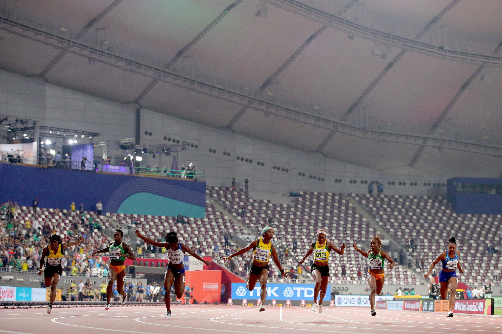 The final of the women's 100m, won by Jamaica's Shelly-Ann Fraser-Pryce, took place in an almost empty Khalifa International Stadium with the majority of the already small crowd have departed a long time before the started ©Getty Images