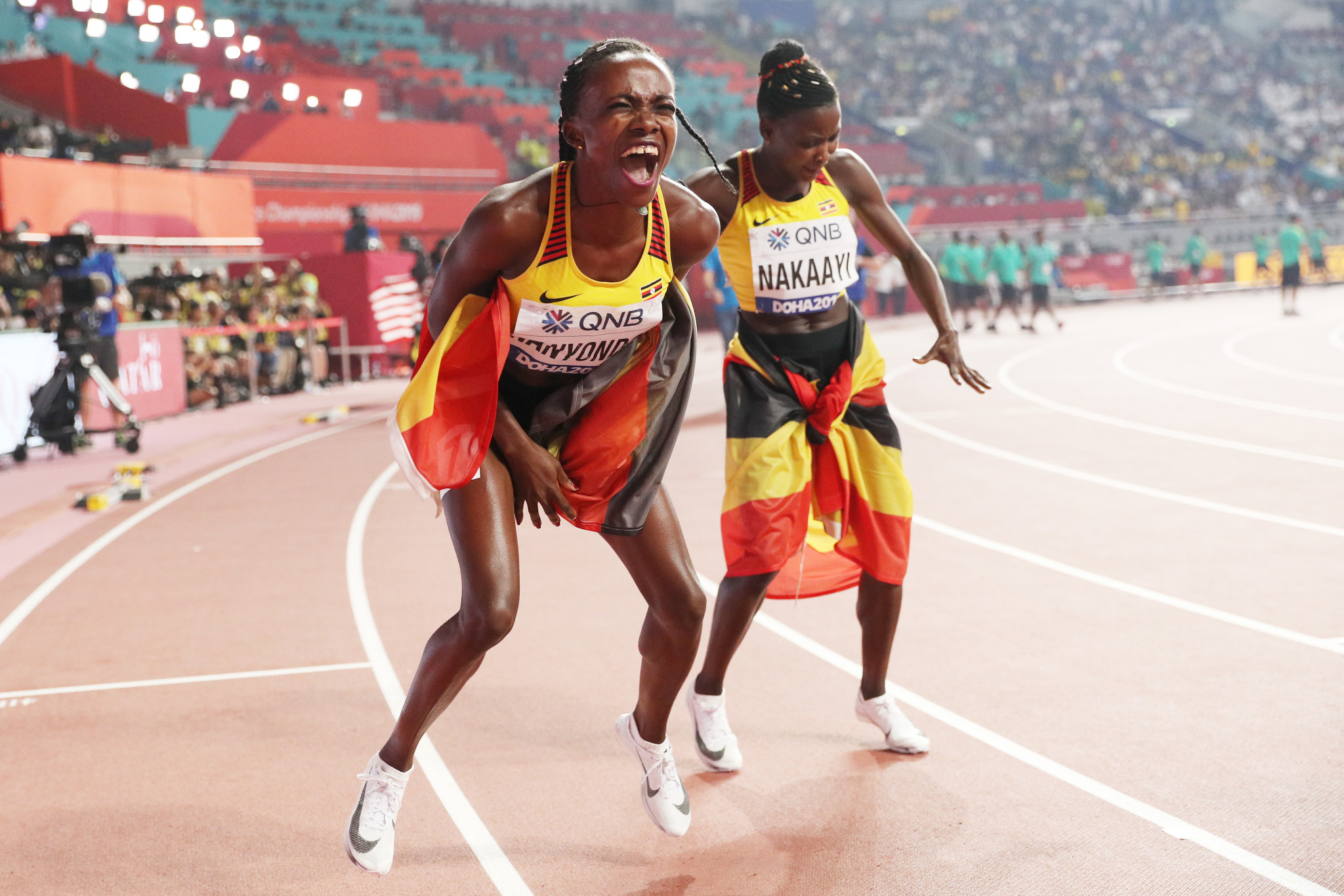 Easily the most joyous celebration of the night came after Uganda's Halima Nakaayi had unexpectedly won the women's 800m ©Getty Images