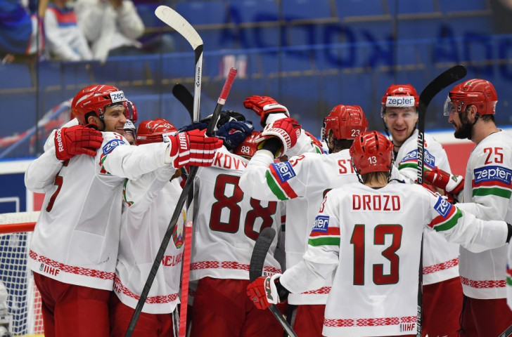 Belarus celebrate following their superb victory over the United States today at the Ice Hockey World Championships ©AFP/Getty Images