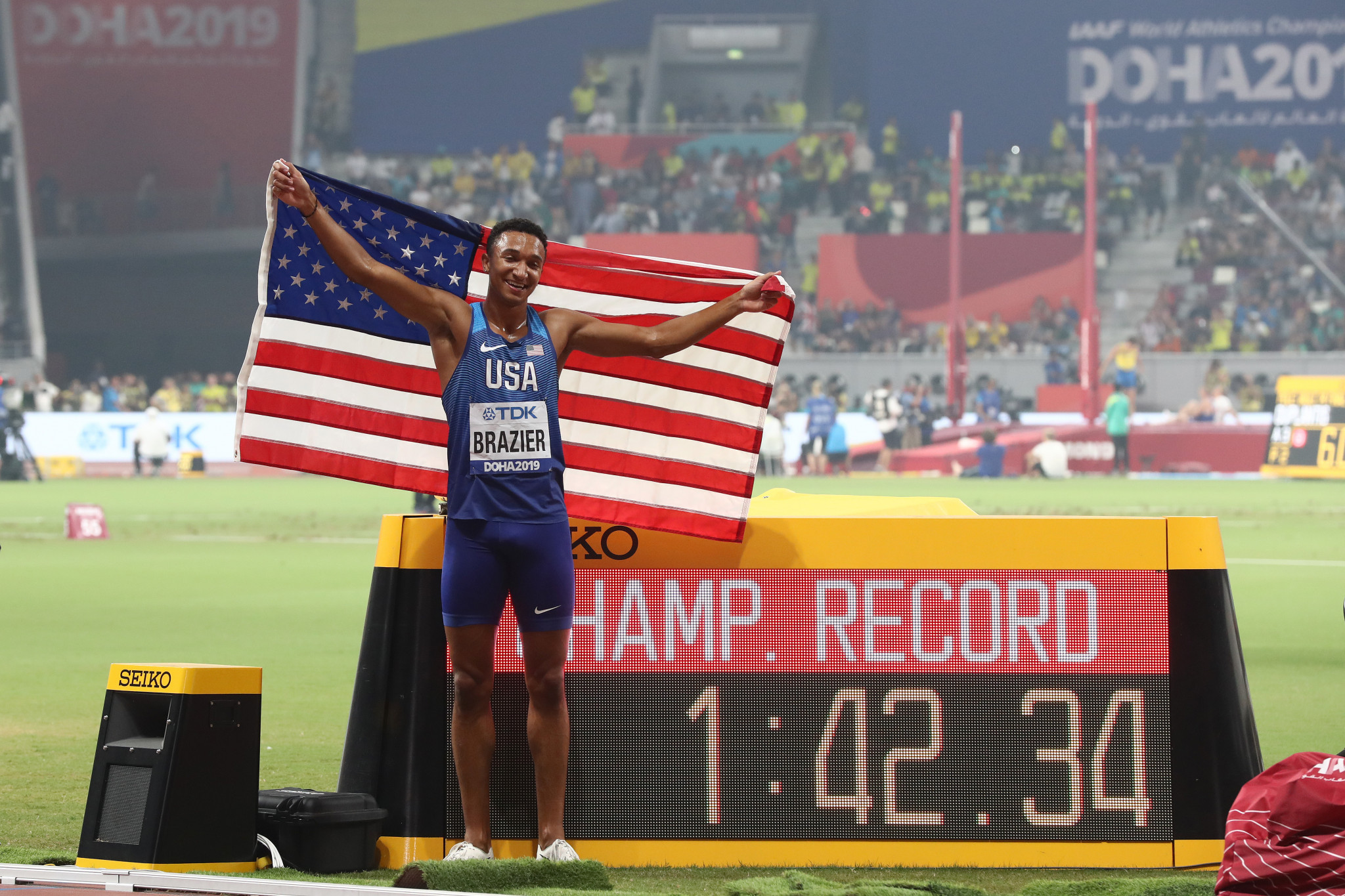Donavan Brazier of the United States, based at the Nike Oregon Project, won the men's world 800m title in a Championship record tonight ©Getty Images