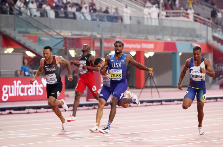 Noah Lyles of the United States wins the men's world 200m title in Doha tonight ©Getty Images