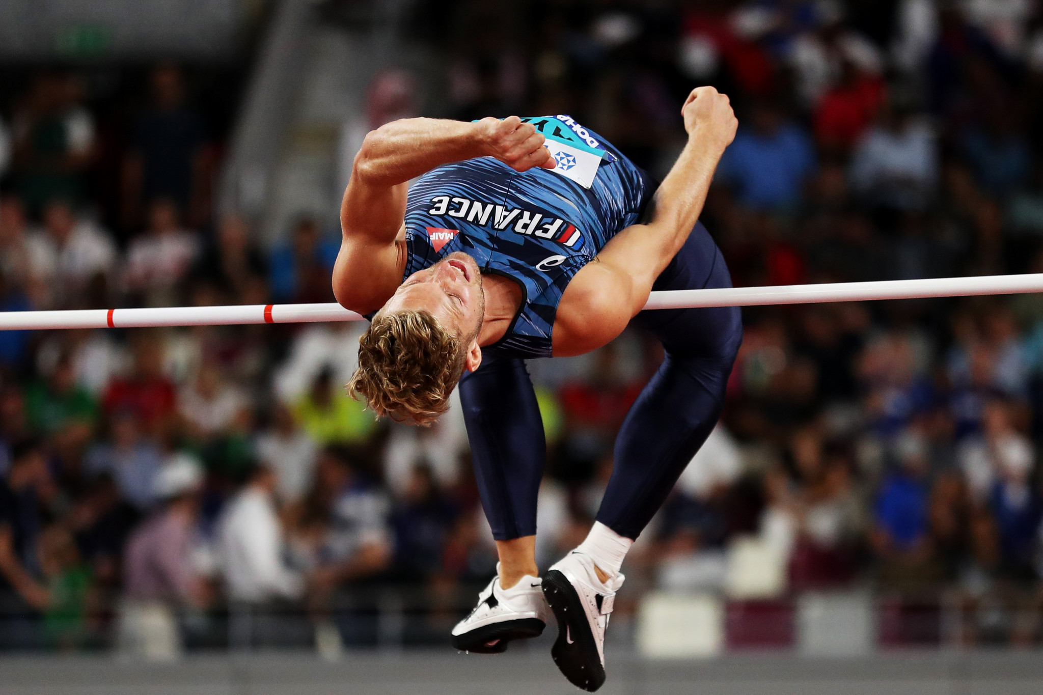 The favourite Kevin Mayer of France competes in the men's high jump on the first day of the decathlon ©Getty Images