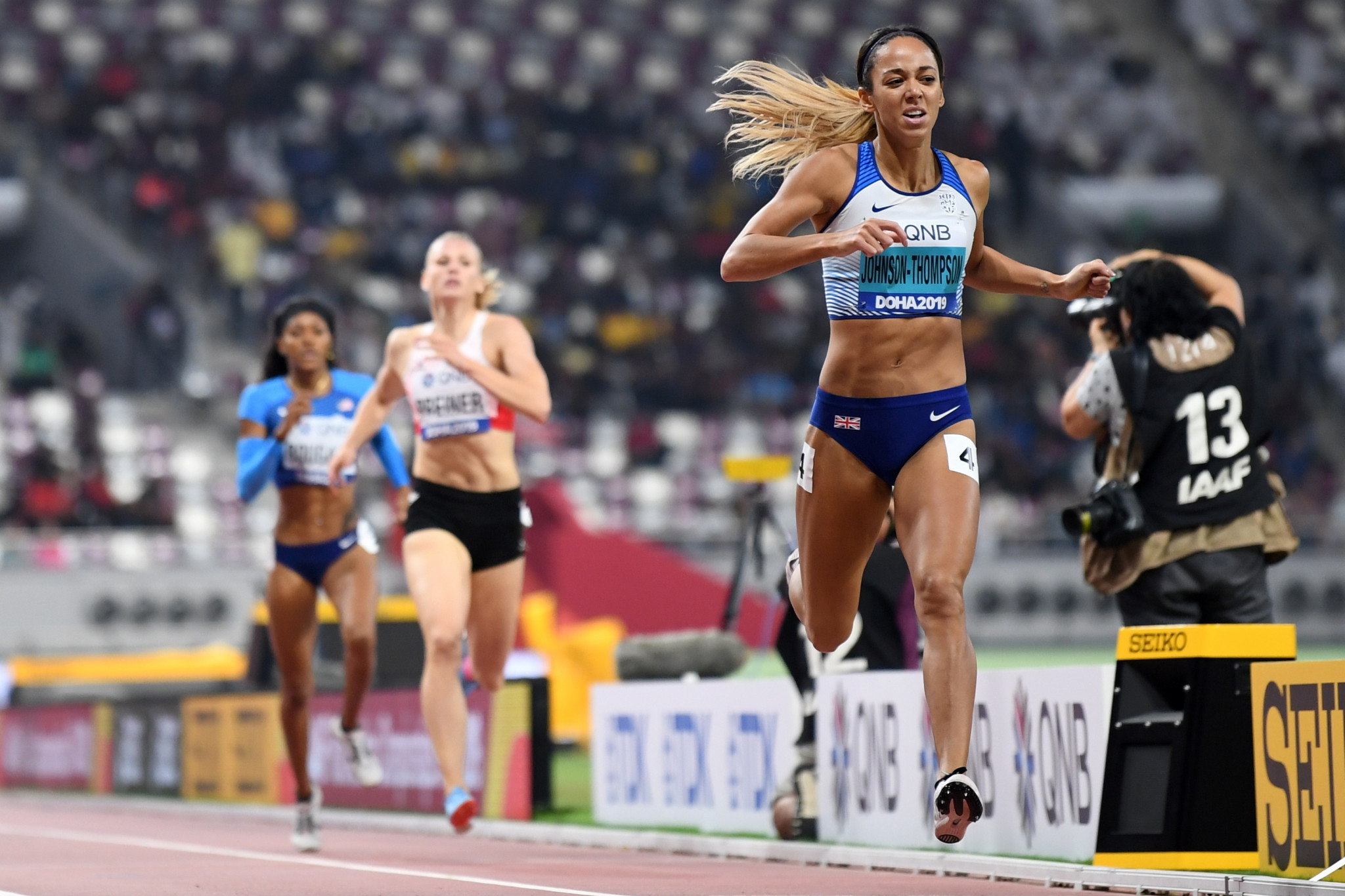 Britain's Katarina Johnson-Thompson crosses the line to win the heptathlon gold medal ©Getty Images