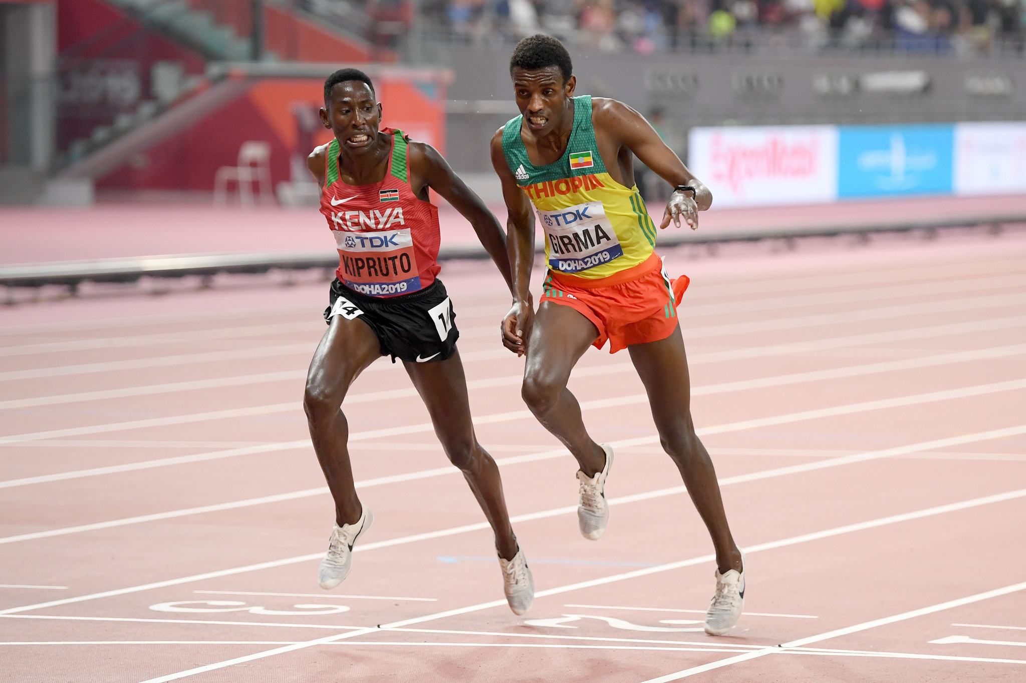 The men's 3,000m steeplechase produced an exciting finish with Kenya's Conseslus Kipruto beating Ethiopia's Lamecha Girma by just one-hundredth of a second ©Getty Images