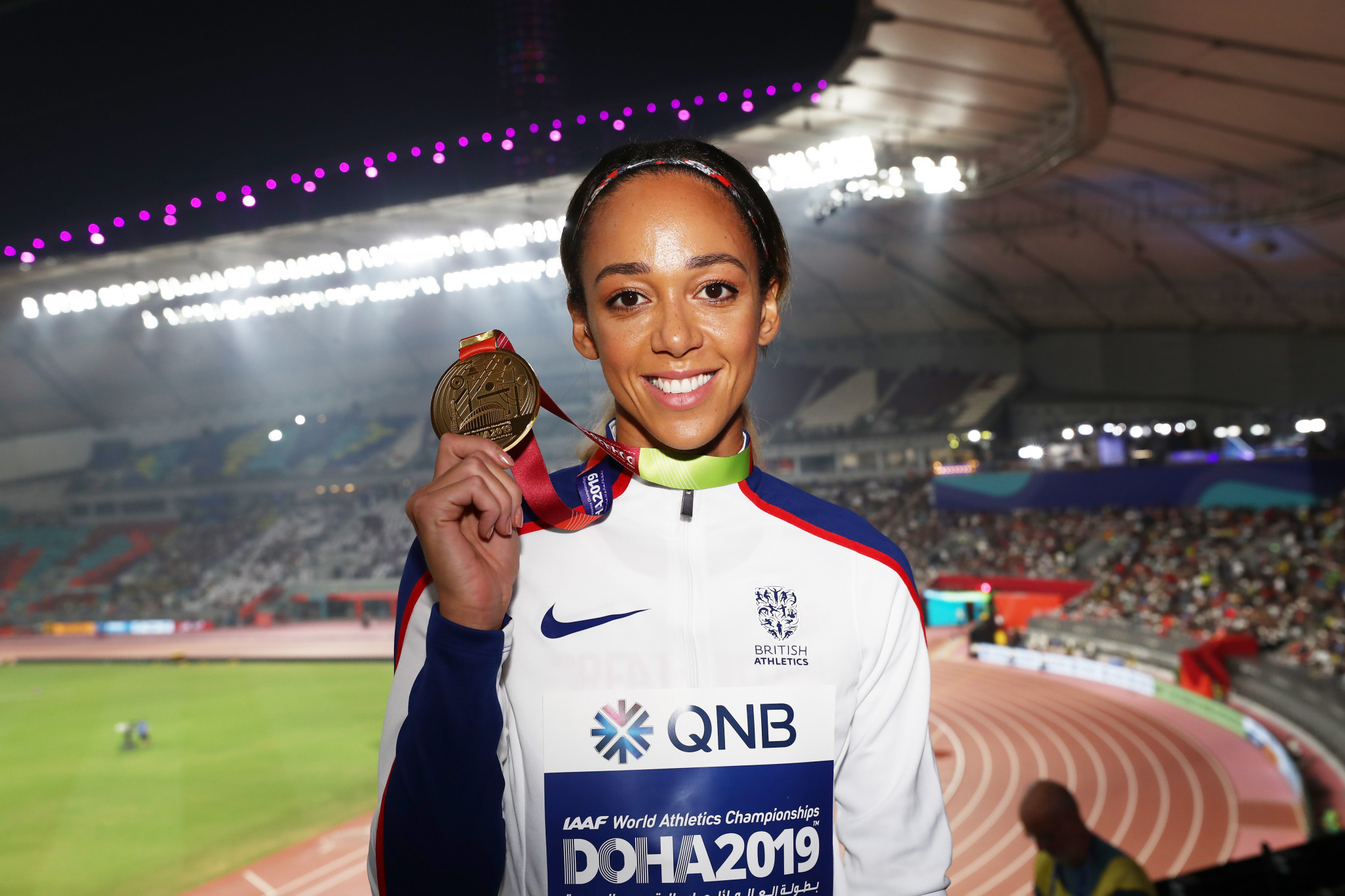 Britain's Katarina Johnson-Thompson received the medal she had won the previous evening in the women's heptathlon ©Getty Images