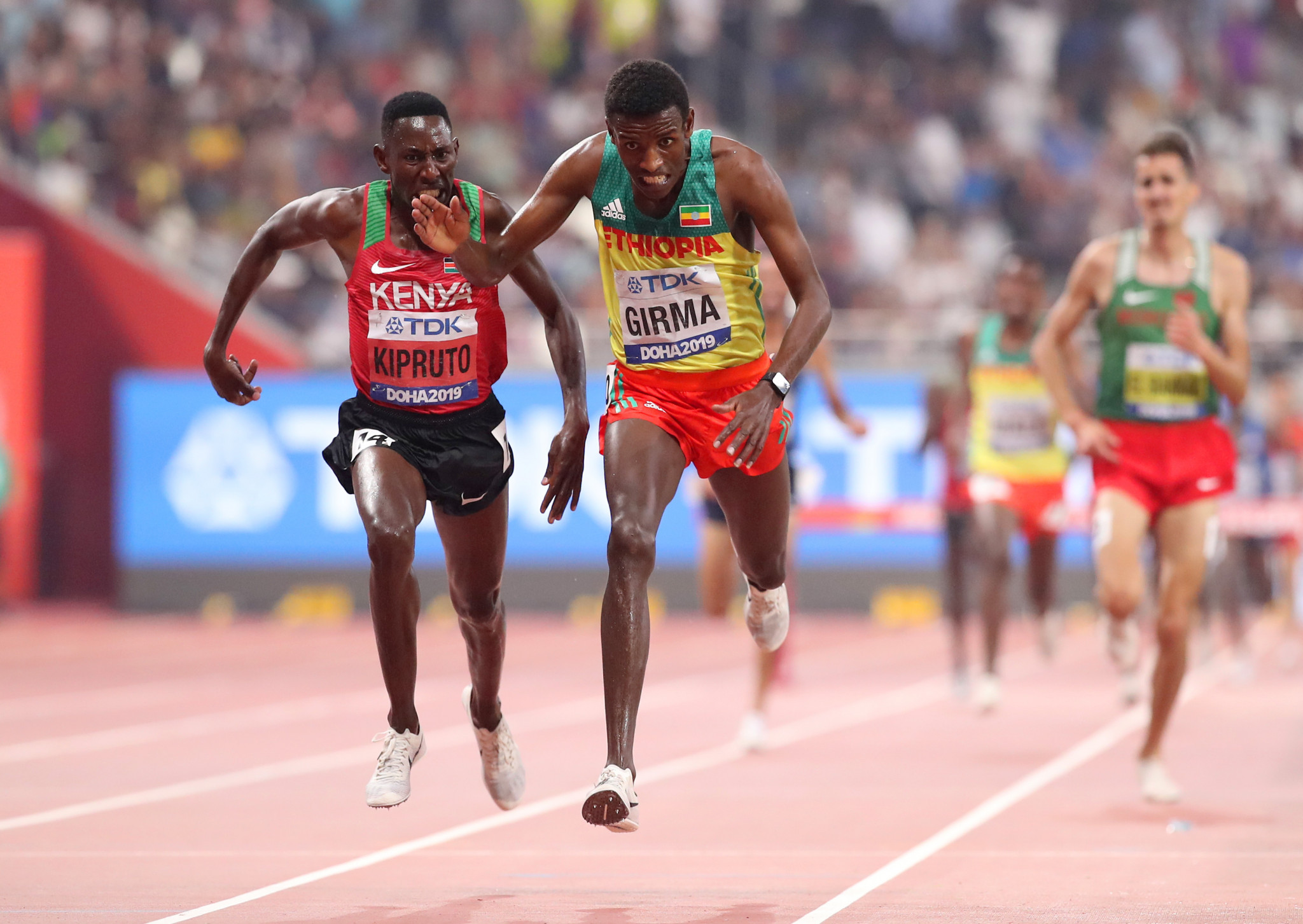 Kenya's Conseslus Kipruto clinched victory in the 3,000m steeplechase on the last stride by beating Ethiopia's Lamecha Girma in a finish that was more like a sprint race ©Getty Images