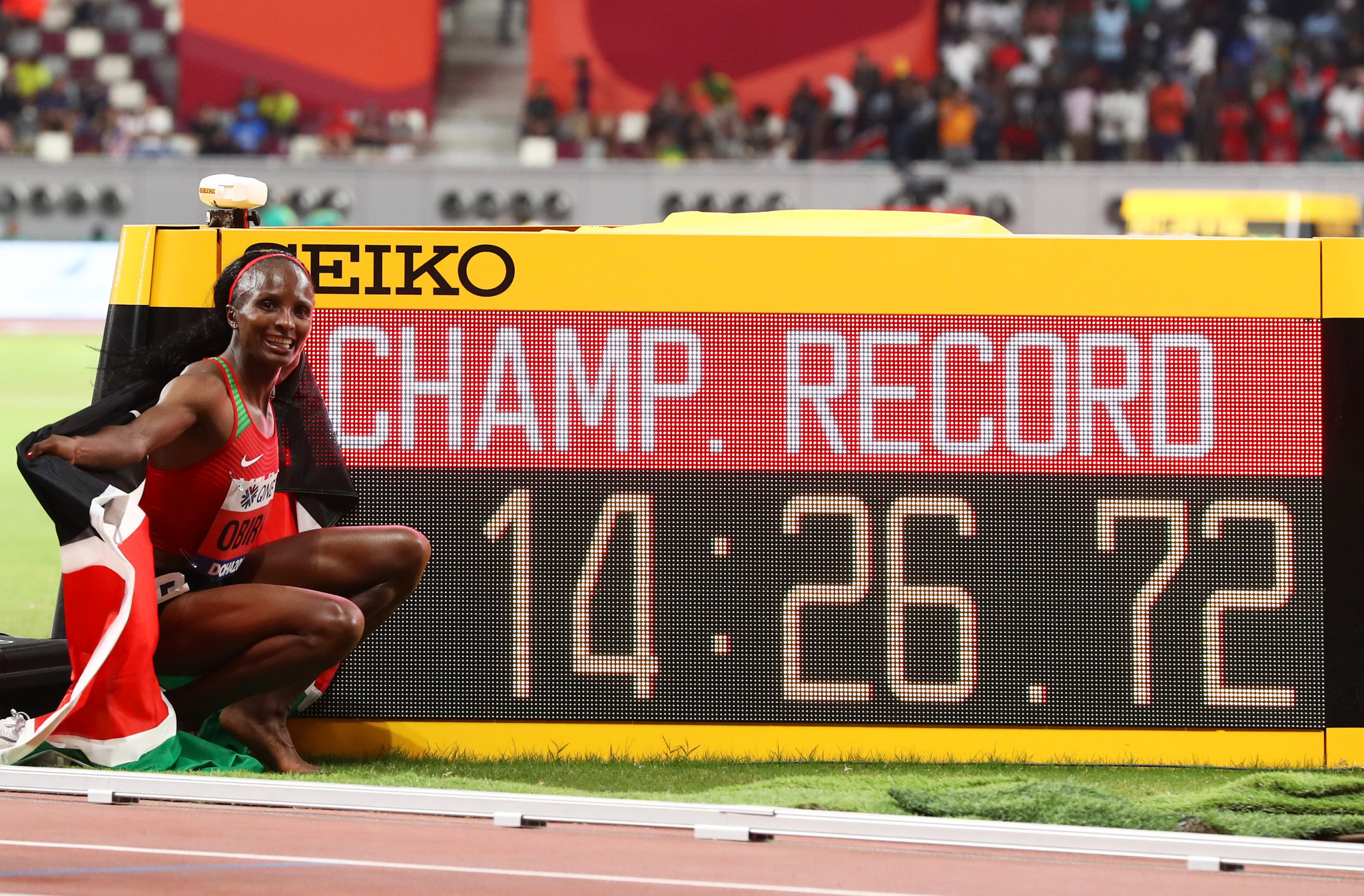 Hellen Obiri of Kenya set a Championship record when winning the women's 5,000m ©Getty Images
