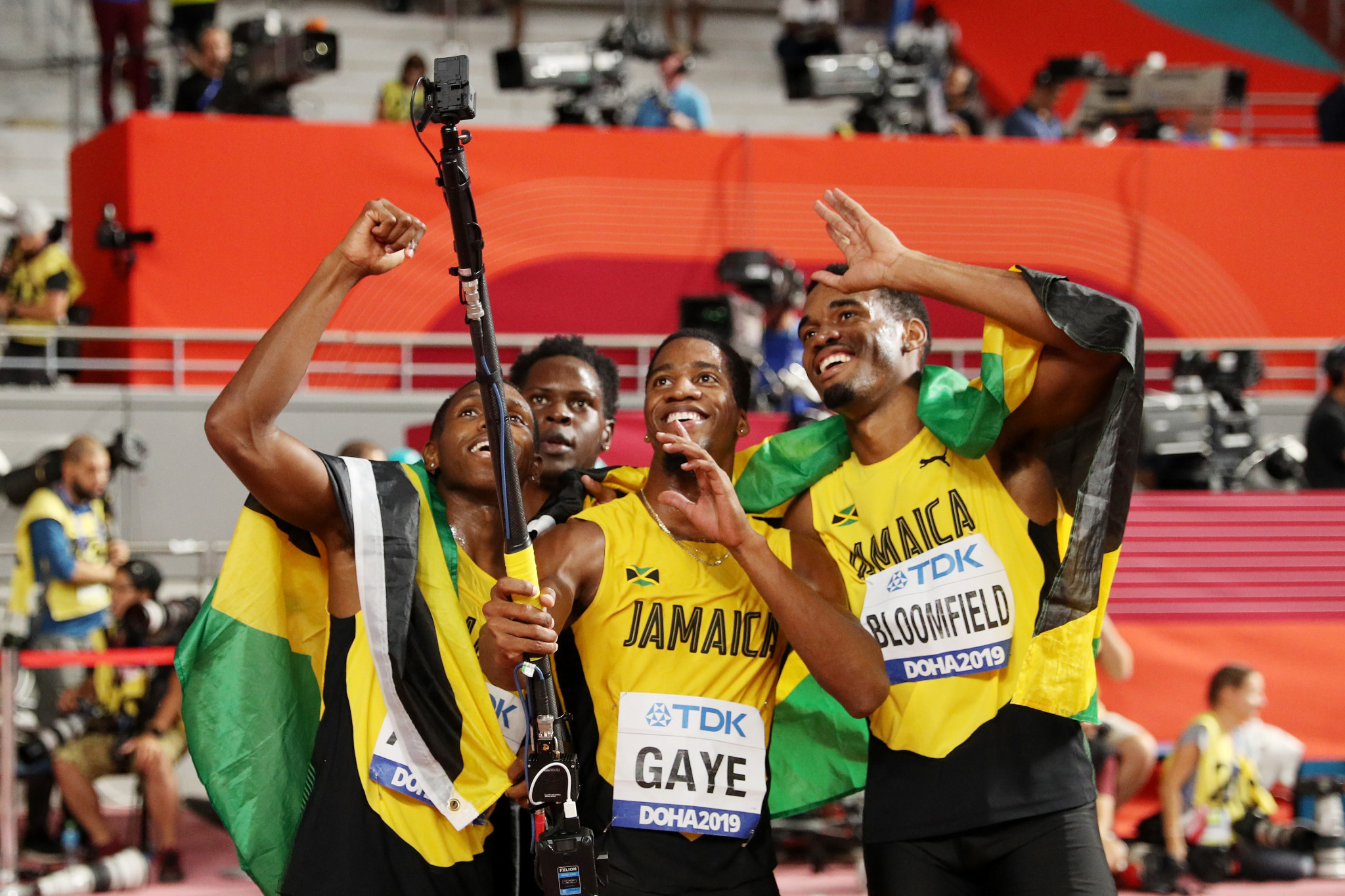 Jamaica marked their silver medal in the men's 4x400m relay with a selfie ©Getty Images