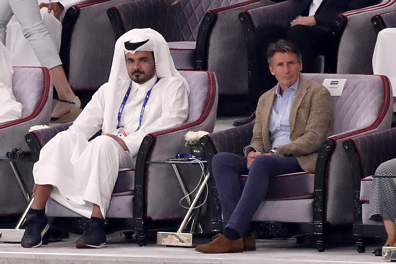 The Qatar Olympic Committee and IAAF Presidents Sheikh Joaan bin Hamad Al Thani and Sebastian Coe watch the last day of competition in the Khalifa International Stadium ©Getty Images