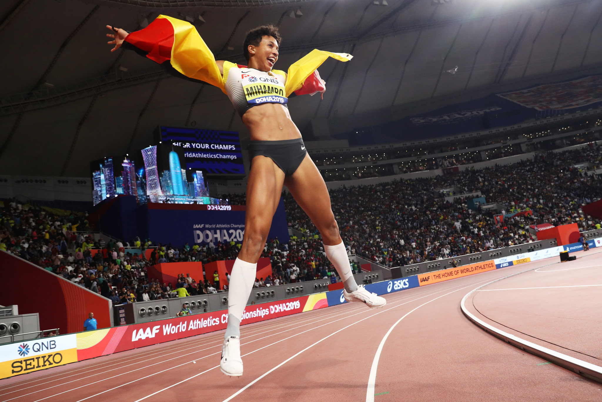 Germany's Malaika Mihambo leaps for joy after a fantastic performance to win the women's long jump ©Getty Images