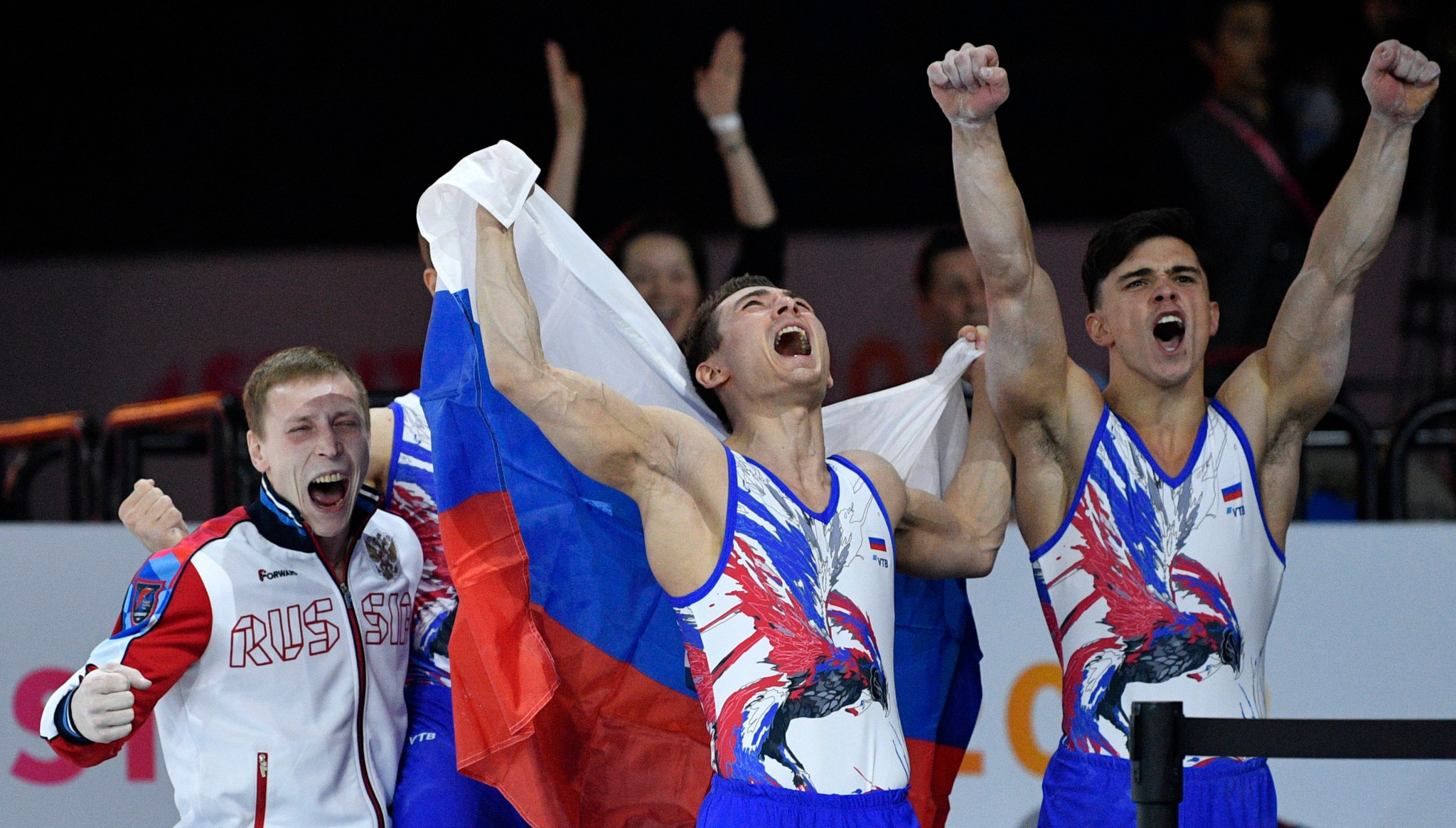 The Russian men's gymnastics team celebrate victory in Stuttgart ©Getty Images