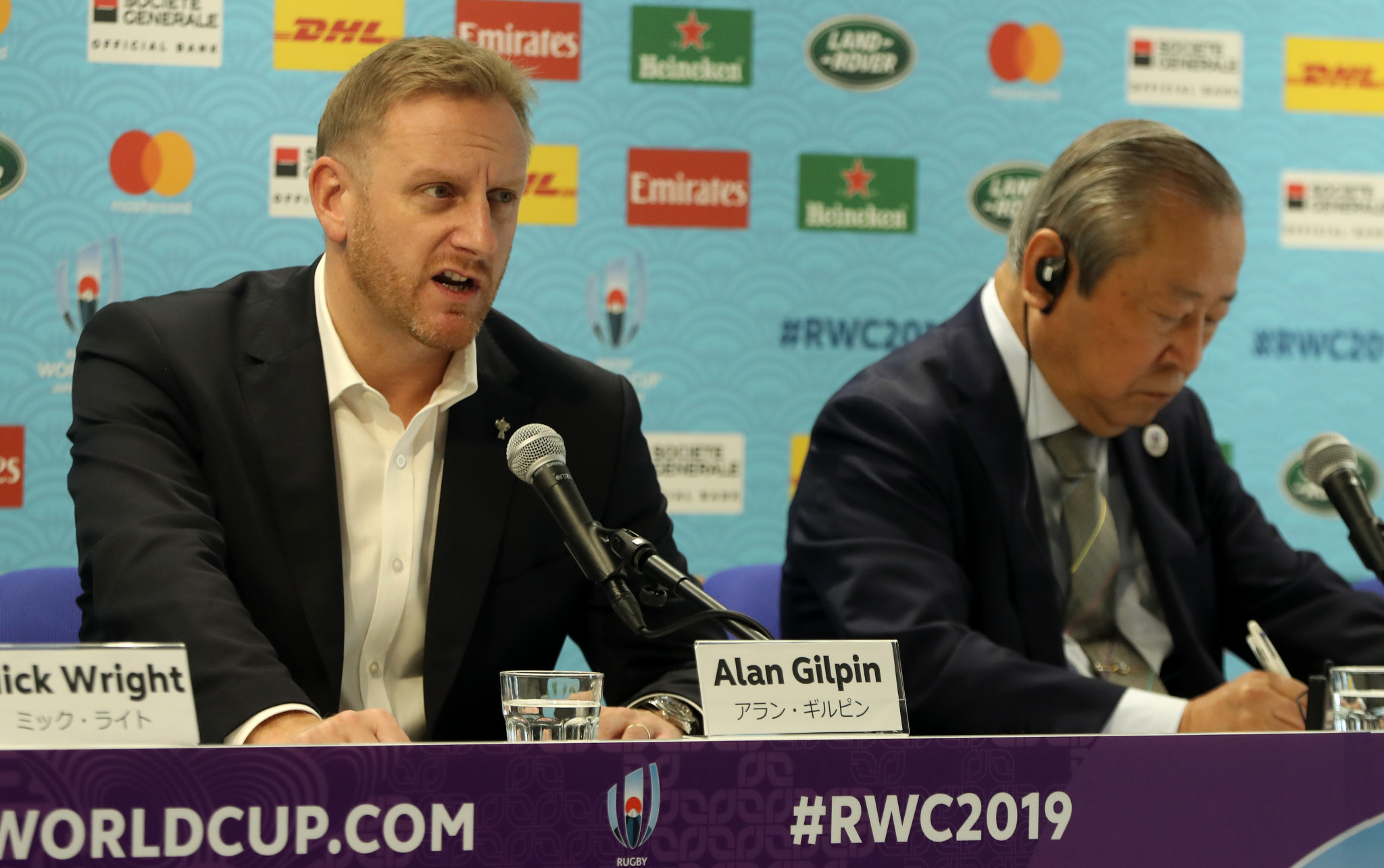 Rugby World Cup tournament director Alan Gilpin announced the match cancellations at a press conference in Tokyo ©Getty Images