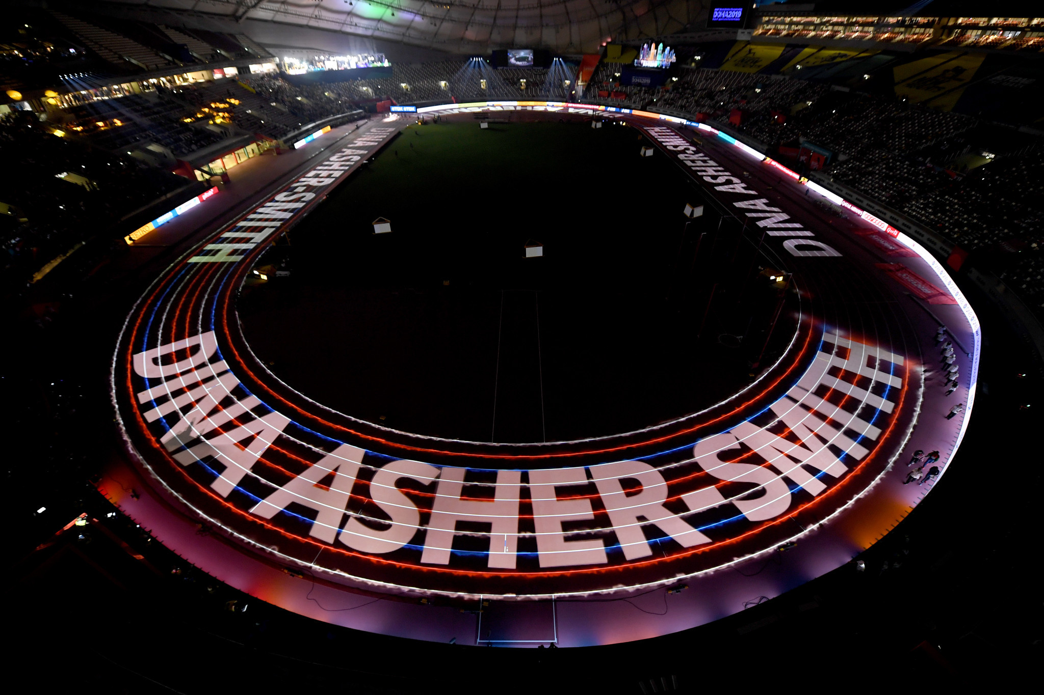 Event presentation at the IAAF World Championships in Doha included putting up all the finalists names in lights ©Getty images