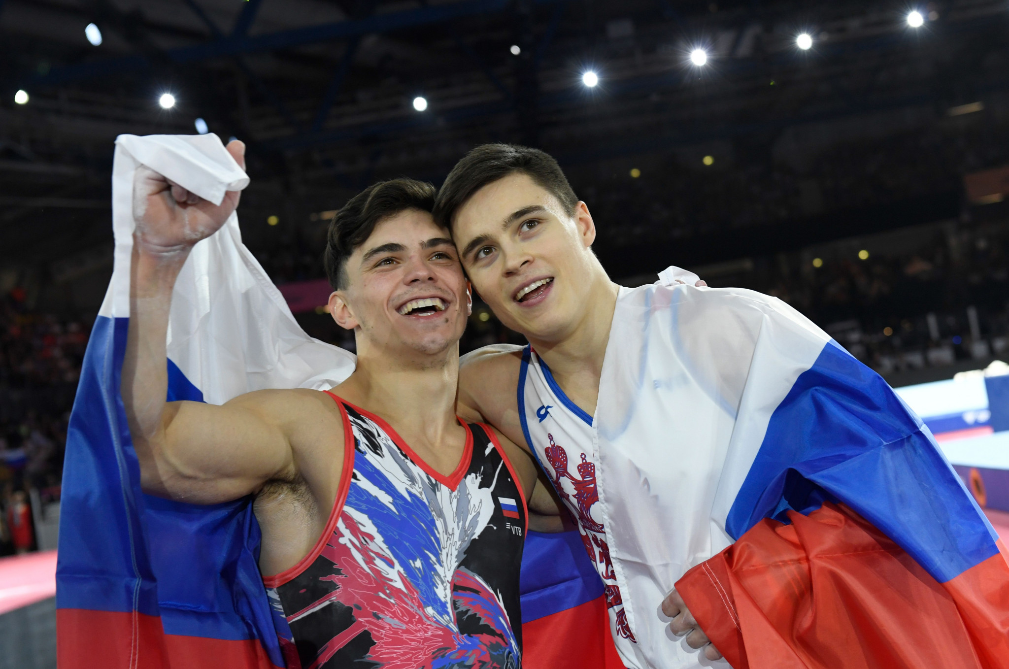 Nikita Nagornyy, right, claimed all-around gold ahead of Russian compatriot Artur Dalaloyan in Stuttgart ©Getty Images