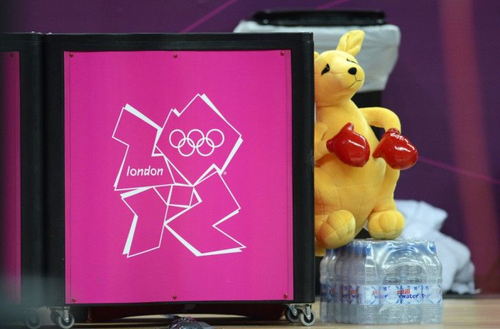  A version of the London 2012 logo pictured alongside a stuffed kangaroo during a women’s basketball match between Canada and Australia during the Games. The stuffed kangaroo is on the right.©Getty Images