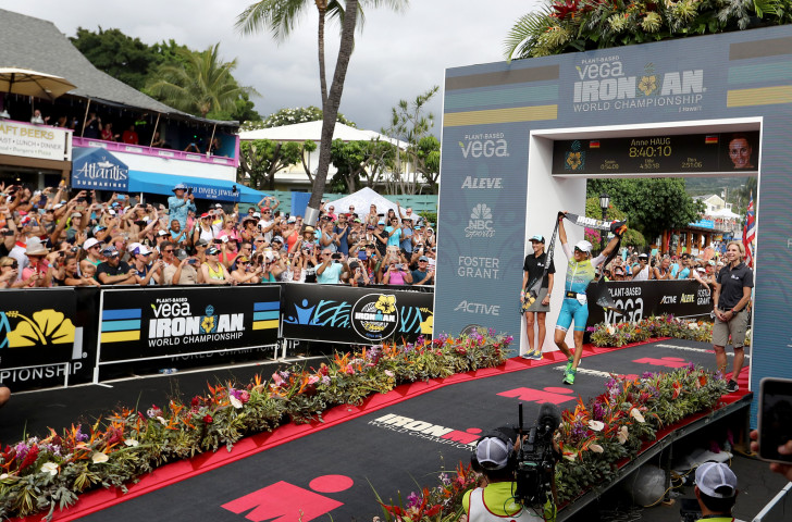 Anne Haug celebrates a first Ironman women's world title for herself and for Germany at Kona ©Getty Images