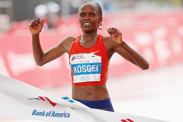 Brigid Kosgei of Kenya has retained her women's title at the Chicago Marathon in a world record time ©Getty Images