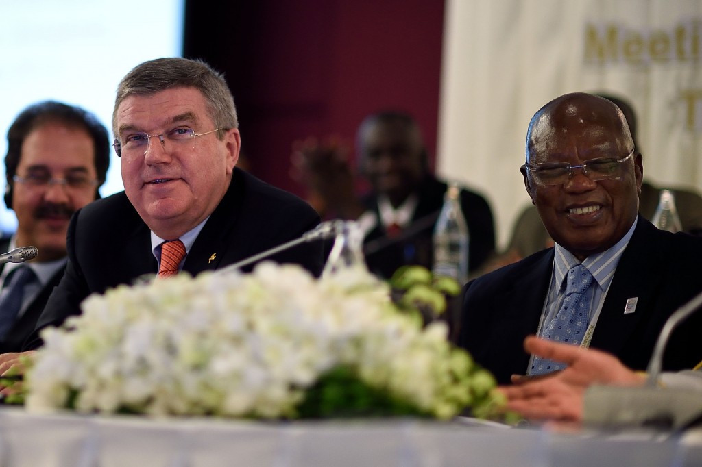 Thomas Bach pictured with ANOCA President, Lassana Palenfo ©Getty Images
