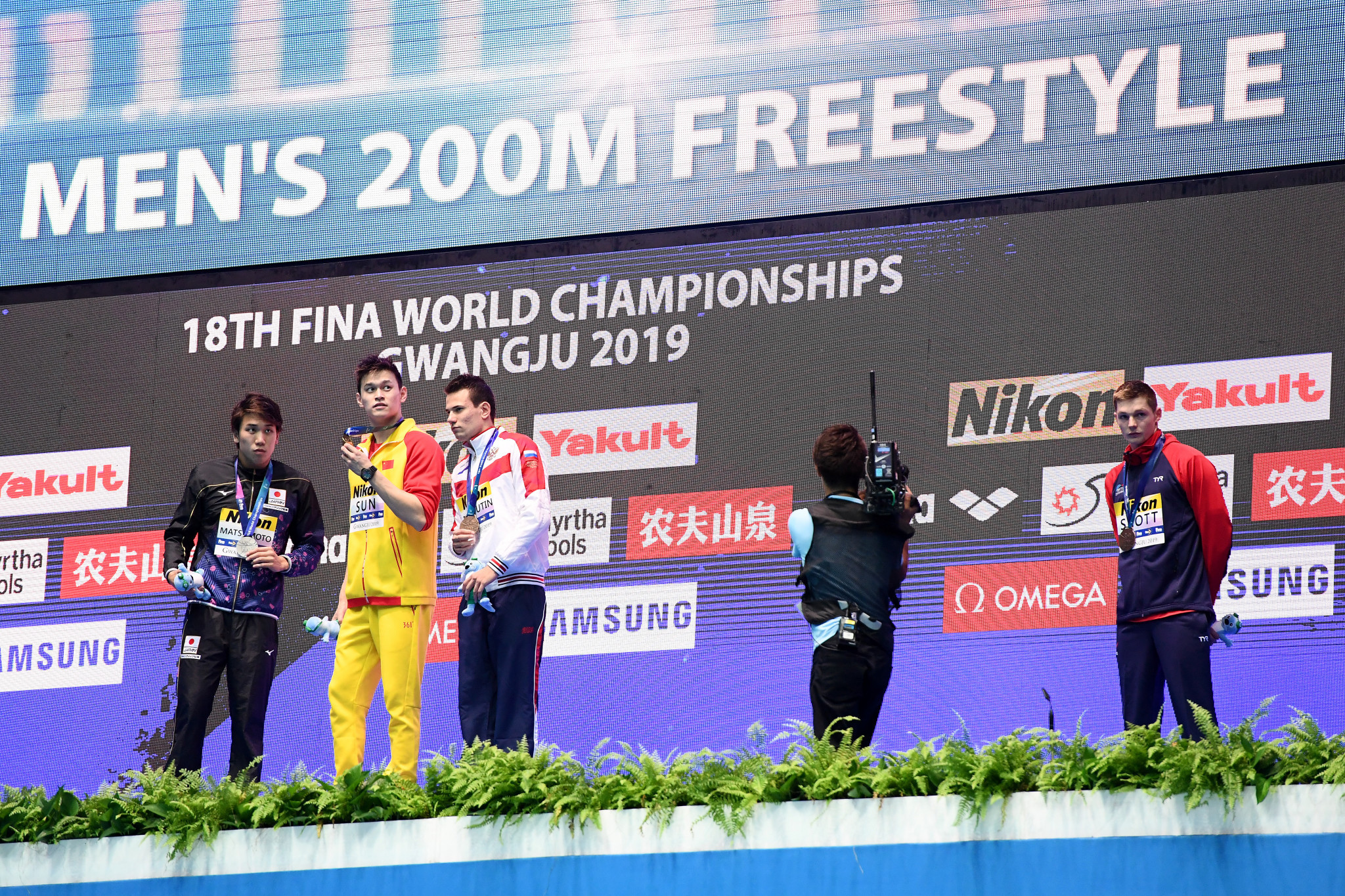 Sun Yang's rivals, including Britain's Duncan Scott, right, protested at medal ceremonies during the FINA World Aquatics Championships in Gwangju about the fact he had escaped a ban for allegedly destroying a blood sample ©Getty Images