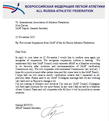 A copy of the letter that the All-Russia Athletics Federation have sent to the IAAF accepting the suspension imposed on them following doping allegations ©ITG