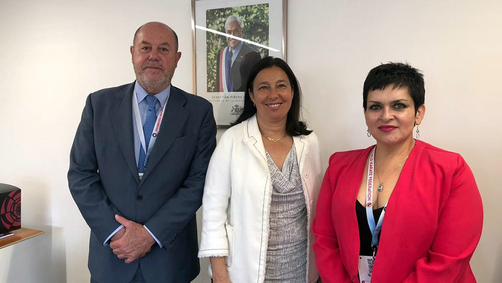 WKF President Antonio Espinós, accompanied by Chilean Karate Federation President María Angélica Coronil, right, received assurances from Chile’s Sports Minister Pauline Kantor regarding the conditions for the WKF Cadet, Junior and Under-21 World Championships in Santiago ©WKF
