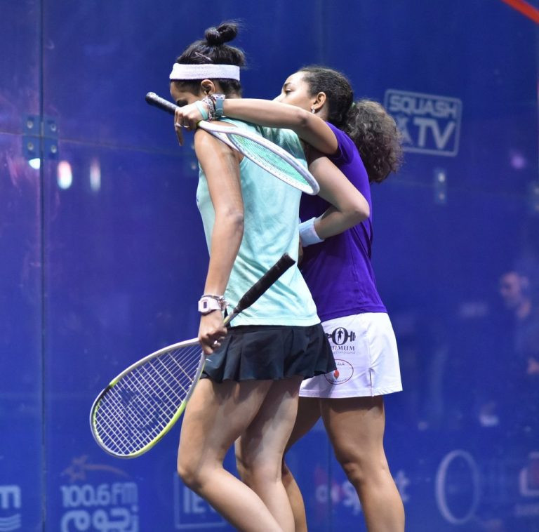 Egypt's Raneem El Welily consoles distraught team-mate Nour El Tayeb after she had to retire after only three minutes of their PSA Women's World Championship quarter-final in Cairo ©PSA