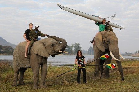 Zimbabwe-based coach Rachel Davis (centre) with the two rowers she coached to the London 2012 Olympics, Peter Purcell-Gilpin (left) and Micheen Thornycroft (right) discovering a novel way of getting to their training lake ©Rachel Davis