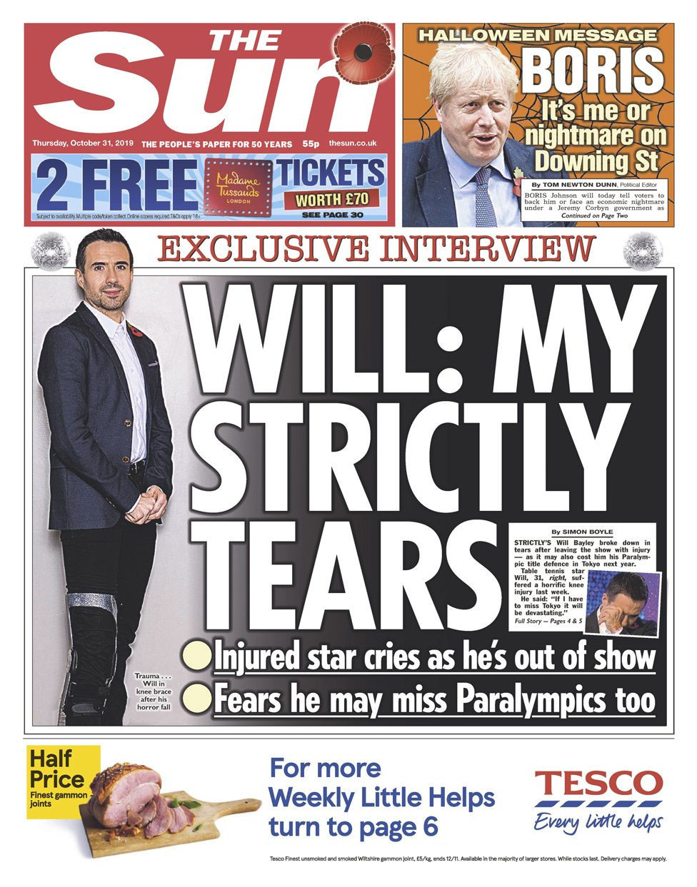 Will Bayley's withdrawal from Strictly Come Dancing was front page news on Britain's biggest selling newspaper ©The Sun