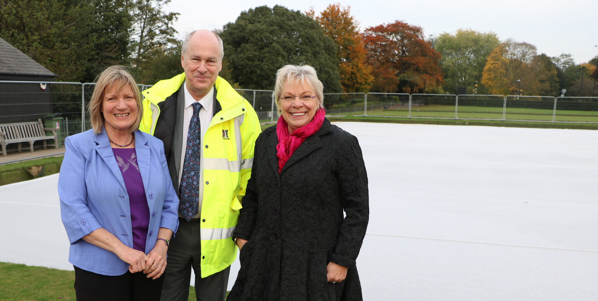 Warwick District Council’s Portfolio Holder for Culture, Councillor Moira-Ann Grainger, right, and Commonwealth Games gold medallist Christina Boxer, left, inspected the first stage of work at the Victoria Park Bowling Greens ©Warwick District Council 