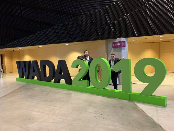 Representatives from the Australian Sports Anti-doping Authority pose at the entrance of the at the International Congress Centre in Katowice ©Twitter