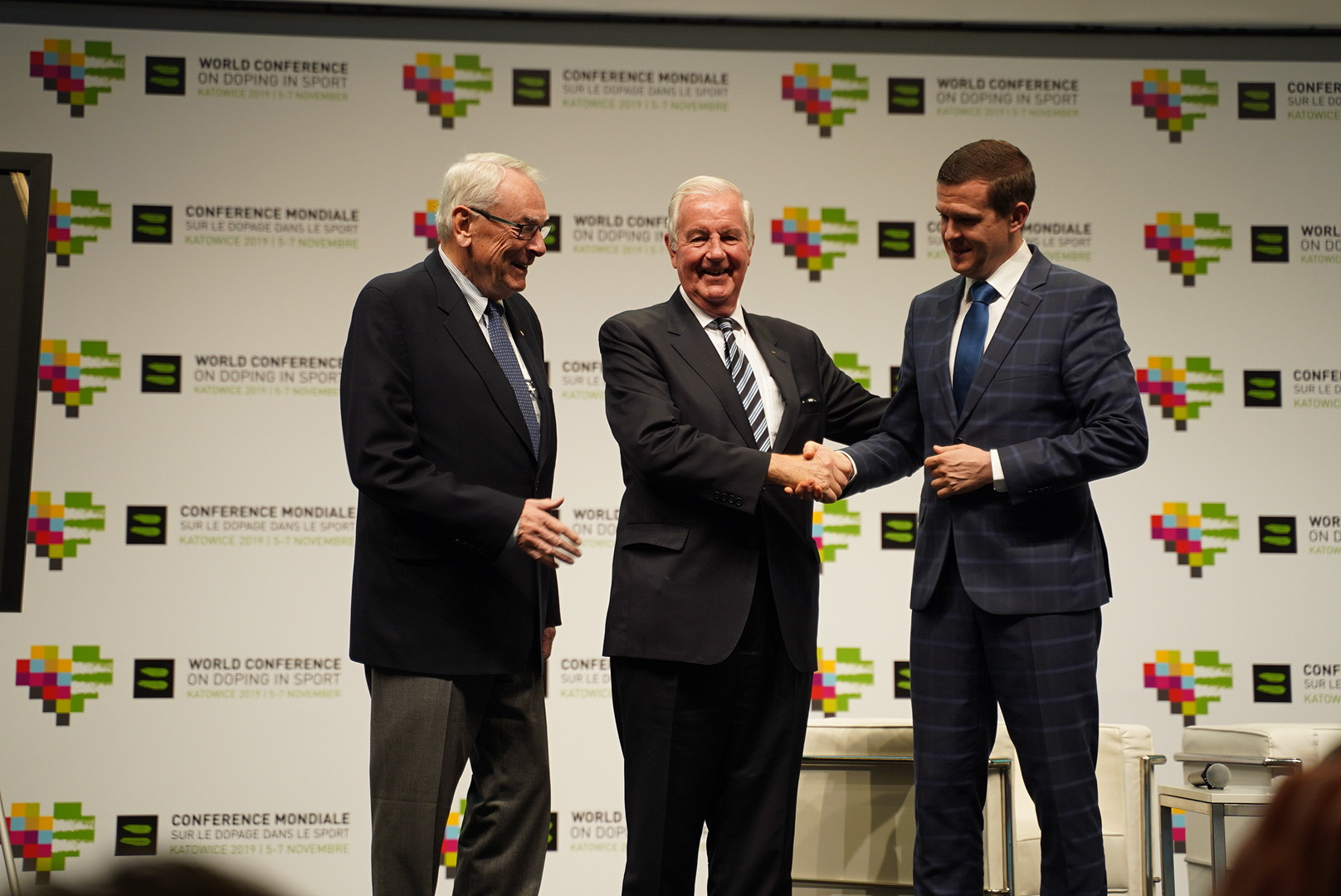 WADA's founding President Richard Pound, left, was full of praise for Sir Craig Reedie, centre, as he prepared to hand over to Witold Bańka, right, as head of the organisation ©WADA