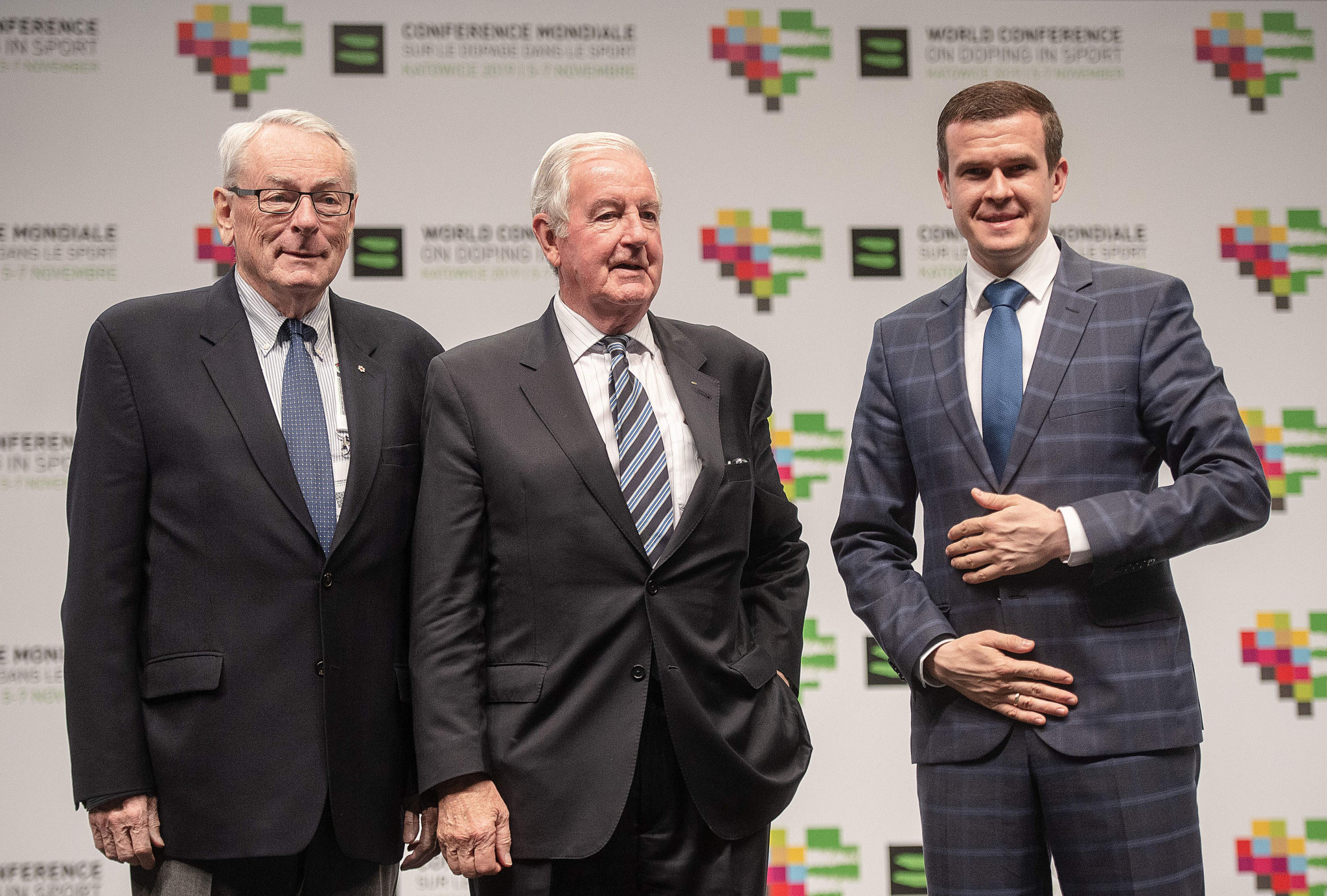 Richard Pound, the founding President of WADA, with Sir Craig Reedie and Witold Bańka, the current and next leaders, in Katowice ©WADA