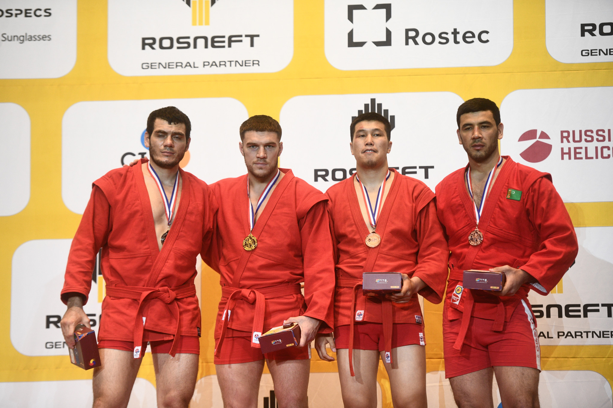 Russia's Vadim Nemkov, second left, became the combat 100kg world sambo champion ©FIAS 
