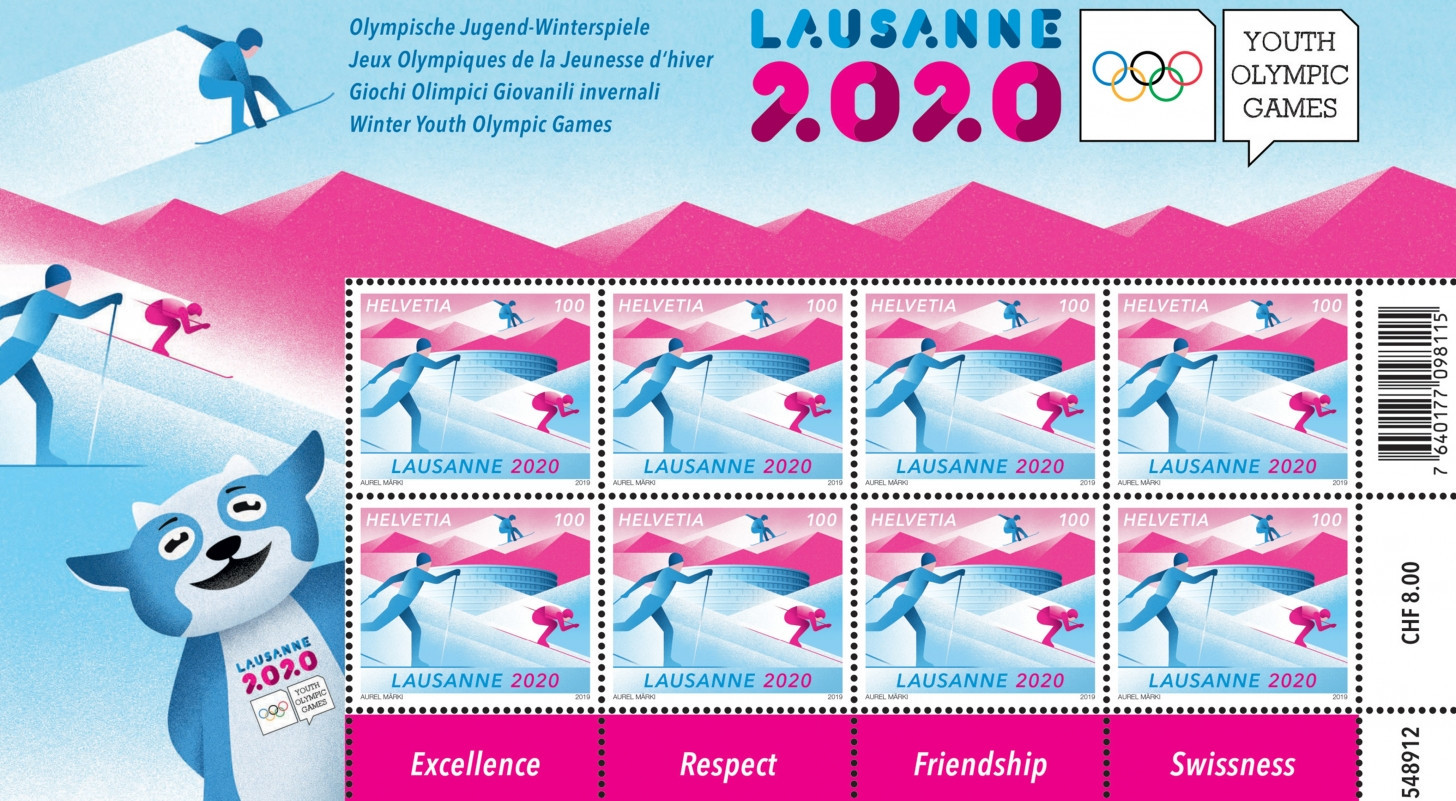 The set of one-franc stamps branded in the colours of Lausanne 2020 were designed by artist Aurel Märki ©Lausanne 2020