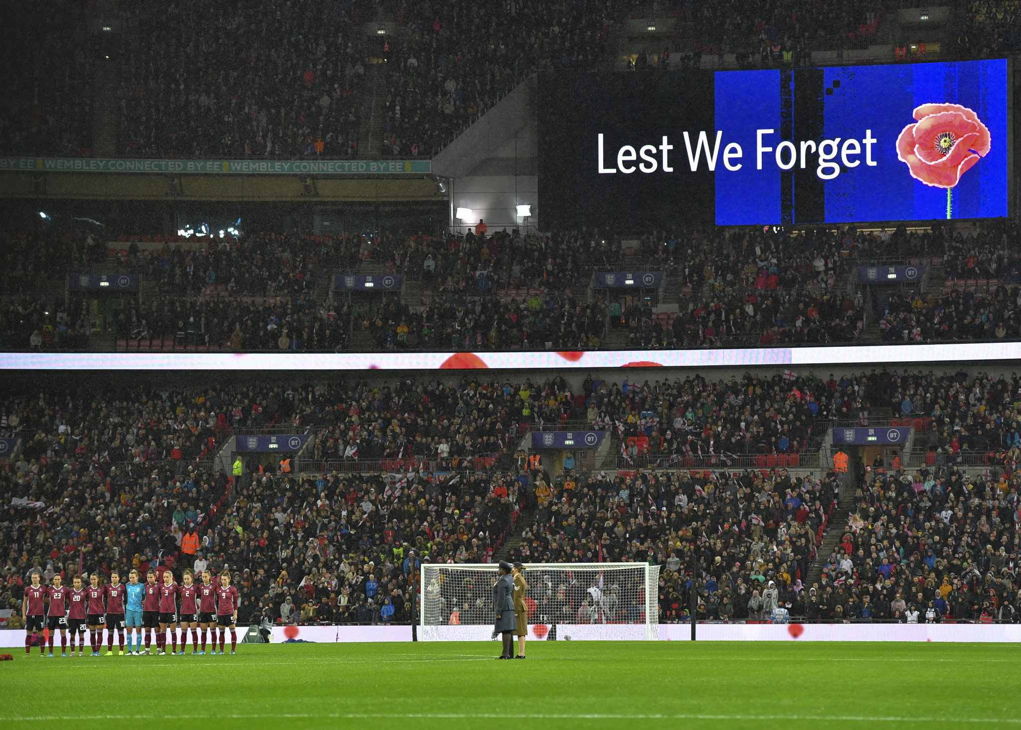 Players from both England and Germany wore poppies on their shirts during the women's international at Wembley Stadium last weekend to mark Remembrance Day ©Getty Images
