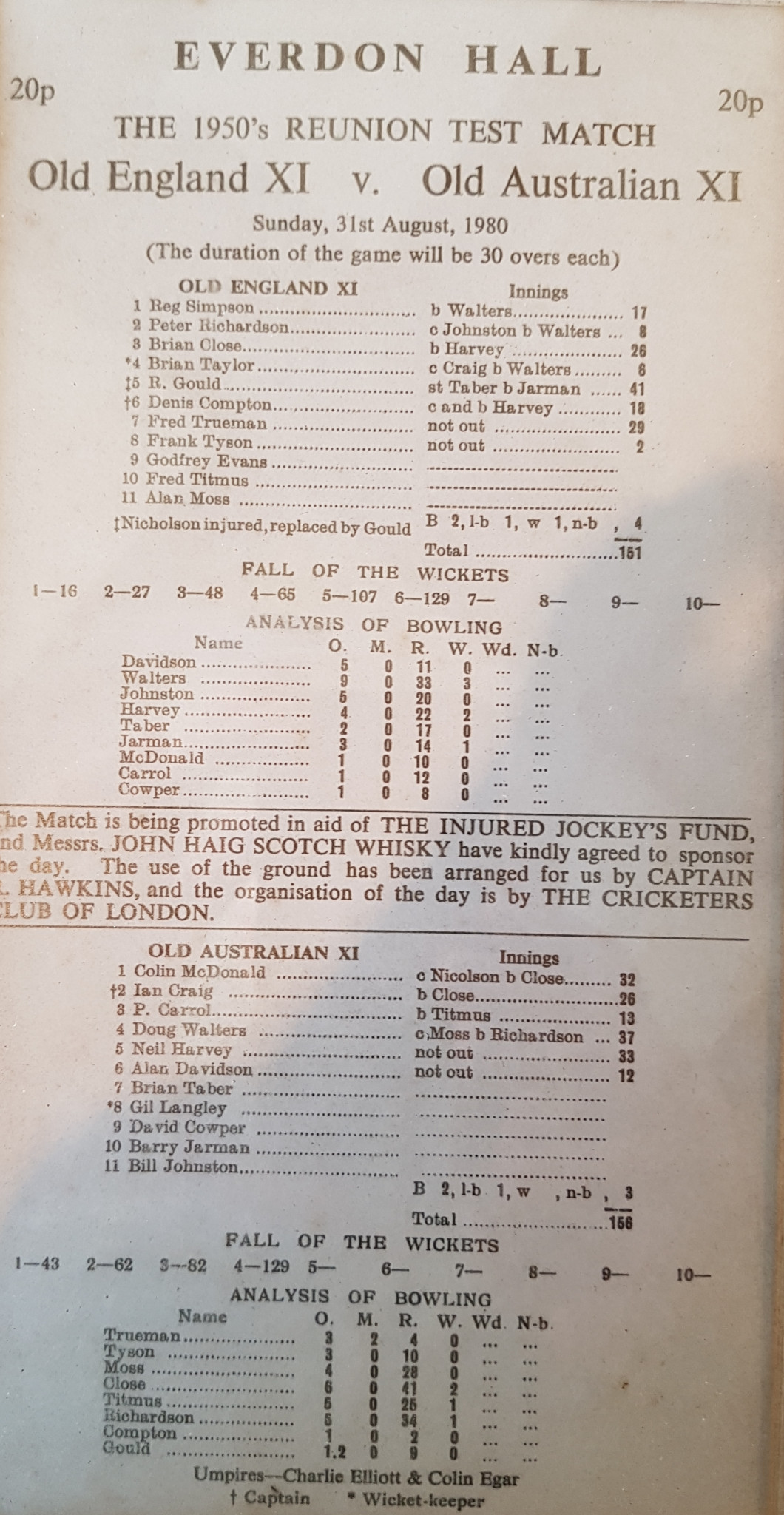 The scorecard from Old England v Old Australia ©ITG