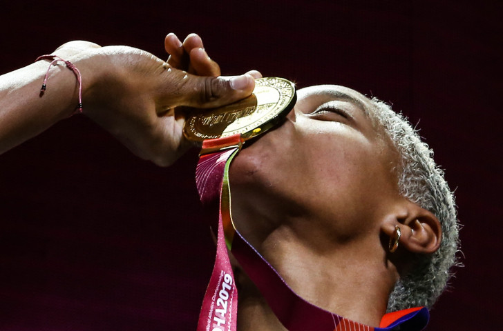 Venezuelan triple jumper Yulimar Rojas, pictured with her gold medal after successfully defending her world title in Doha this year, is one of the sport's most effervescent talents, but her event has been adversely affected by changes to the Diamond League next year ©Getty Images