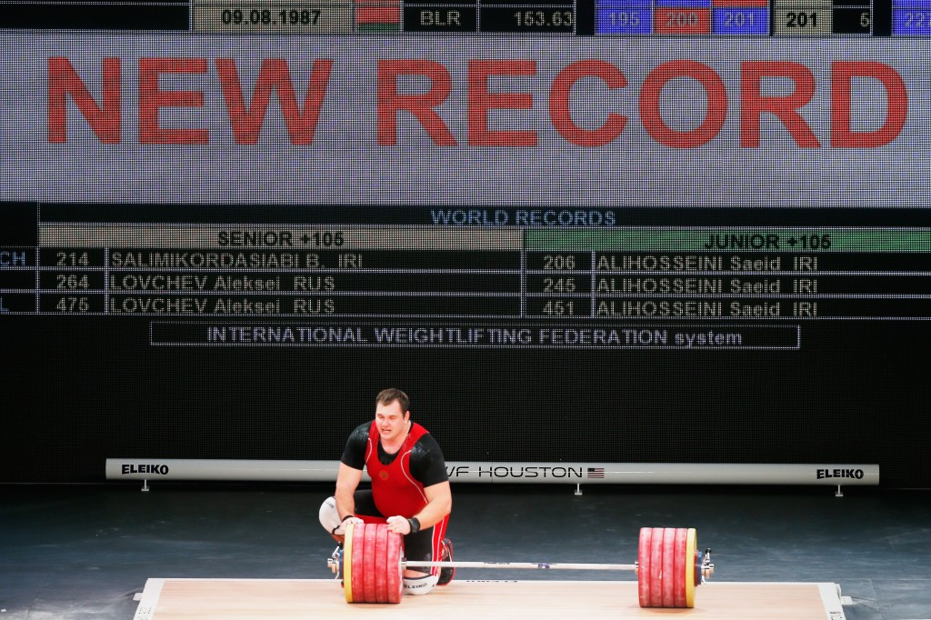 Russia's Aleksei Lovchev broke the men's over 105 kilogram clean and jerk and overall world records on his way to winning triple gold at the International Weightlifting Federation World Championships ©Getty Images