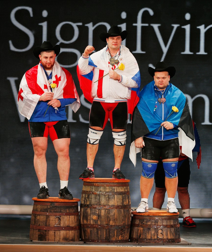 Joining Lovchev and Seim on the men's over 105kg overall podium was runner-up Lasha Talakhadze of Georgia, silver medallist in the snatch and bronze medallist in the clean and jerk ©Getty Images