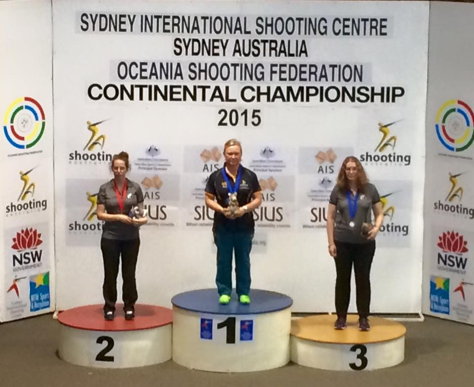 Australia's Lalita Yauhleuskaya (centre) was among the home winners today in the 10m air pistol final at the Oceania Shooting Championships in Sydney ©Shooting Australia
