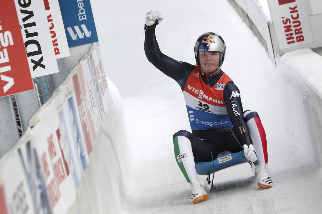 Dominik Fischnaller celebrates on the line in Igls after winning the World Cup opener ©Getty Images