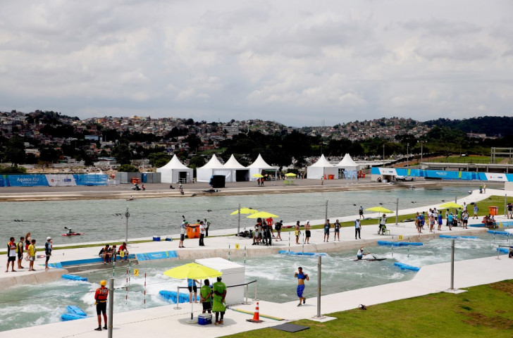 Action underway in the Rio 2016 canoe slalom Test event at the Whitewater Stadium in Deodoro - a 