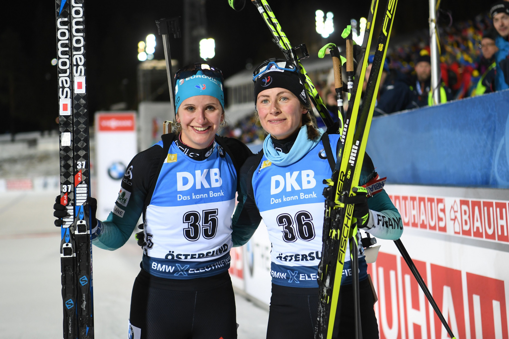 France's Justine Braisaz, right, and compatriot Julia Simon ranked first and third, respectively, in the women's 15km individual competition ©Getty Images