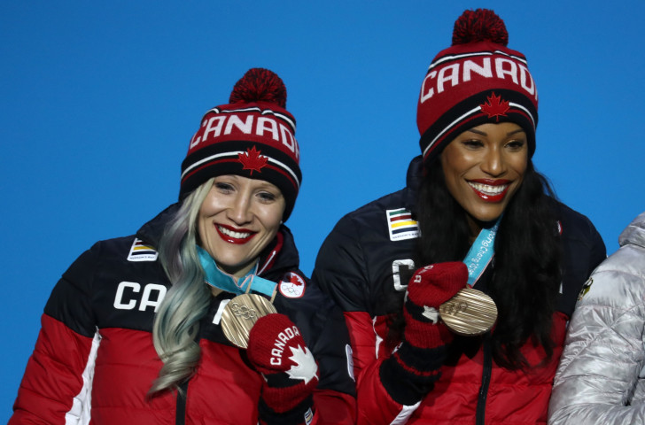 Double Olympic champion Kaillie Humphries of Canada, pictured, left, with bobsleigh partner Phylicia George after winning bronze at the Pyeongchang Winter Games, returns to the IBSF circuit in Lake Placid this weekend ©Getty Images