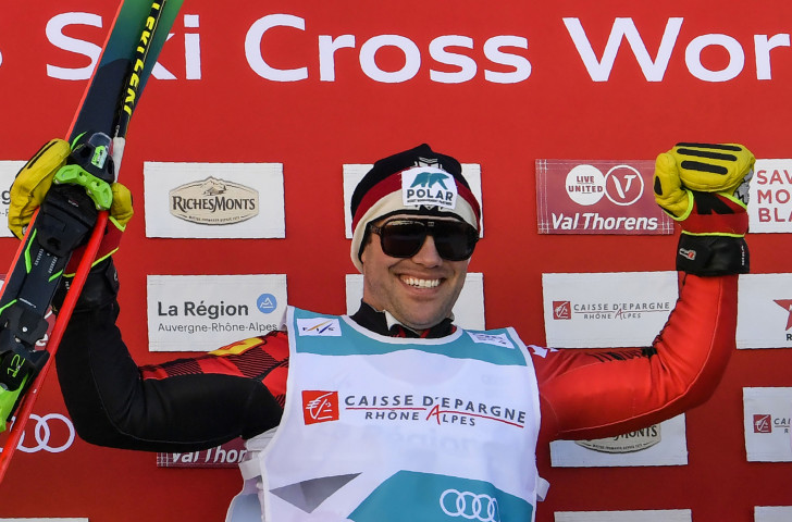 Canada's Kevin Drury celebrates his victory in the opening FIS Ski Cross World Cup of the season in the French resort of Val Thorens ©Getty Images