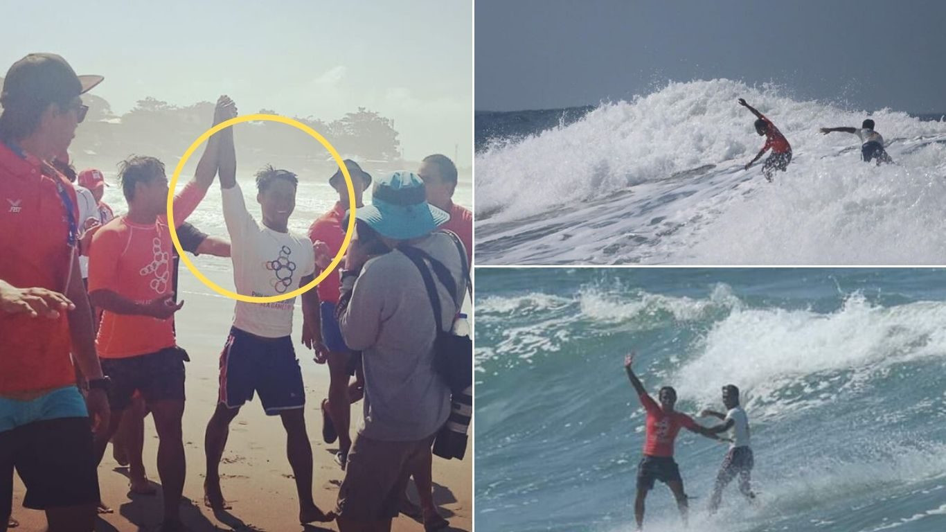 An act of humanity by the Philippines Roger Casugay to rescue Indonesian rival Arhip Nurhidayat that superseded the promise of a surfing gold medal at the Southeast Asian Games today ©Facebook